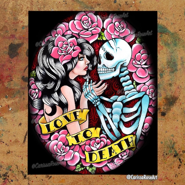 Love to Death | Poster | Tapestry | Metal Print | Lowbrow Traditional Old School Romantic Tattoo Flash With Skeleton