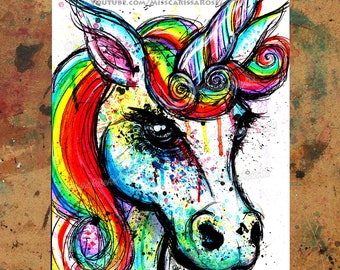 Art Print | Unicorn II | Rainbow Pop Art Unicorn Fantasy Print | 5x7, 8x10, 10.5x13.8, or 11x17 in | Electric Neon Splatter Magical Wall Art