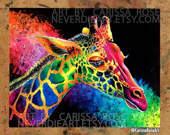 Art Print | Giraffe | Poster | Rainbow Colorful Pop Art Watercolor Spatter Giraffe Painting | 5x7, 8x10, 10.5x13.8, 11x17 inch