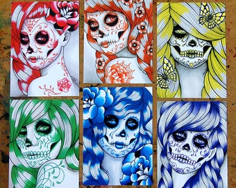 Set of SIX Signed Art Prints Spectrum Series 5x7, 8x10, or apprx. 11x14 Prints - Rainbow Day of the Dead Sugar Skulls