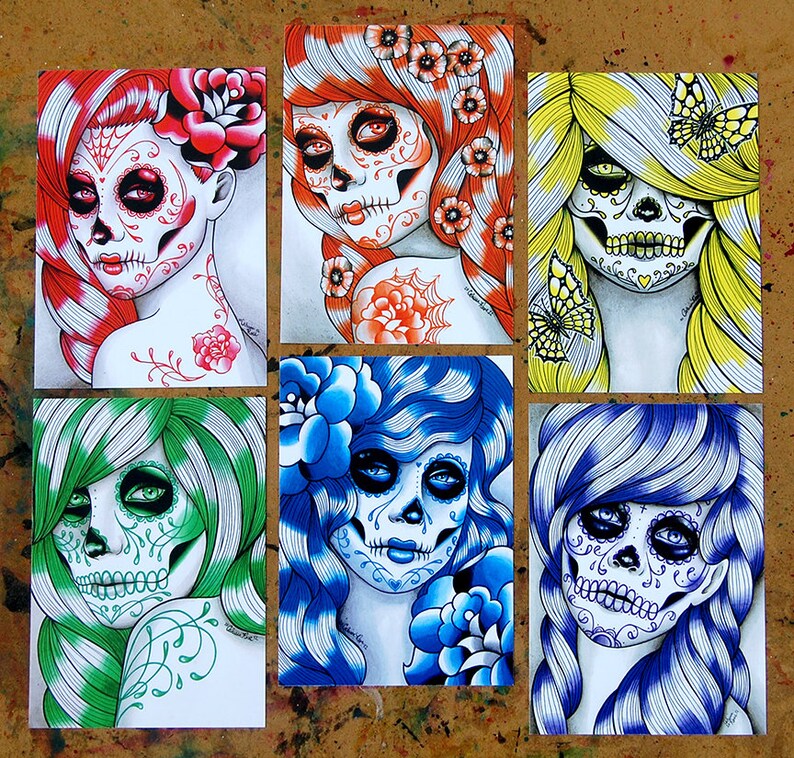 Set of SIX Signed Art Prints Spectrum Series 5x7, 8x10, or apprx. 11x14 Prints Rainbow Day of the Dead Sugar Skulls image 1