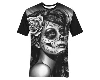 Duality Unisex Adult T-Shirt | S M L XL XXL | Day of the Dead Sugar Skull Girl Tattoo Art Sublimation Top for Men or Women