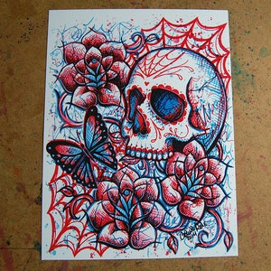 Neon Death 2 Signed Art Print | Poster | Tapestry | Metal Print | Tattoo Flash Sugar Skull Electric Neon Blue Red Colorful Horror Roses Art