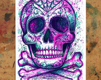 Art Print | Neon Death | Poster | Pop Art Day of the Dead Tattoo Sugar Skull Neon Pink and Blue | 5x7, 8x10, 10.5x13.8, 11x17 inch