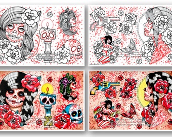 Set of FOUR 11x17 Day of the Dead Tattoo Flash Sheets WITH OUTLINES