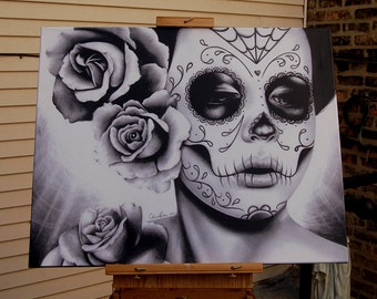 16x20 in Stretched Canvas Print | "Felicity" | Sugar Skull Calavera Day of the Dead Tattoo Illustration | Black and White Portrait Decor