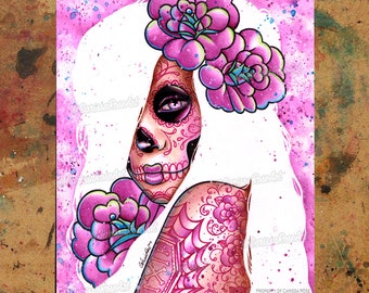 Art Print | Lola | Pink and White Day of the Dead Sugar Skull Girl With Tattoos Dia De Los Muertos | 5x7, 8x10, 10.5x13.8, or 11x17  inch
