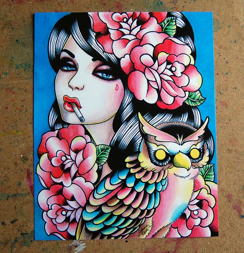 Owl Tattoo Flash Portrait Traditional Style Tattoo Art Print Etsy