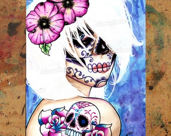 Art Print | Lies | Pretty Day of the Dead Sugar Skull Girl With Traditional Skull And Roses Tattoos | 5x7, 8x10, 10.5x13.8, 11x17 inch