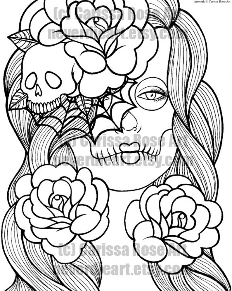 Digital Download Print Your Own Coloring Book Outline Page Wash Away Sugar Skull Girl by Carissa Rose image 2