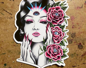 Full Color Sticker or Magnet | Pretty Traditional Tattoo Flash Style Third Eye All Seeing Woman Lowbrow Artwork