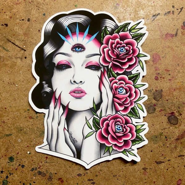 Full Color Sticker or Magnet | Pretty Traditional Tattoo Flash Style Third Eye All Seeing Woman Lowbrow Artwork