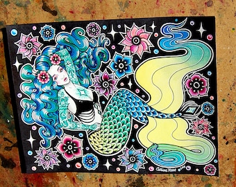 ORIGINAL PAINTING | Colorful Tattooed Mermaid Pin Up Girl Lowbrow Surreal Fantasy Tattoo Art | "Electric Ocean" by Carissa Rose 8.5x11 Inch