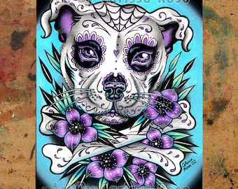 Art Print | Sugar Skull Pit Bull | Poster | Day of the Dead Sugar Skull Pit Bull Dog Tattoo Art Flash | 5x7, 8x10, 10.5x13.8, or 11x17 in