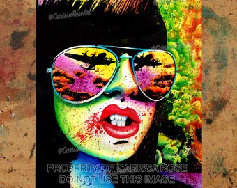 Art Print | Here Come the Bombs | Poster | Edgy Punk Rock Rainbow Colorful Girl | Planes Dropping Bombs | 5x7, 8x10, 10.5x13.8, or 11x17 in.