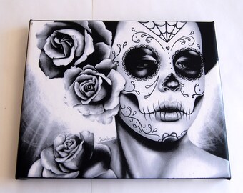 8x10 in Stretched Canvas Art Print - Felicity - Day of the Dead Sugar Skull Girl Tattoo Illustration Black and White Home Decor Artwork