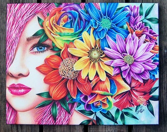 16x20 in Stretched Canvas Print | "Flora" | Colorful Rainbow Flowers with Pretty Girl Floral Portrait Illustration