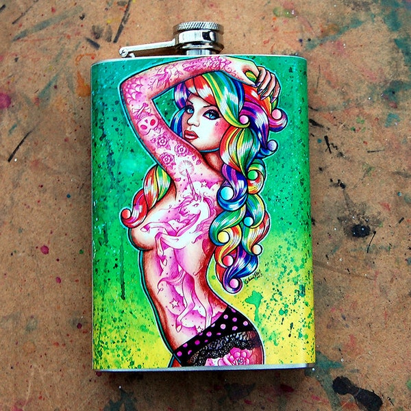 Stainless Steel 8 oz. Hip Flask - Pop Art Rainbow Pin Up Girl With Unicorn Tattoo - Pretty Lowbrow PinUp Tattooed Lady - Shock Tart