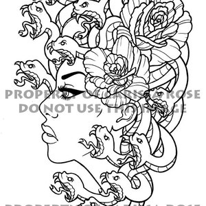 Digital nedladdning Skriv ut din egen målarbok dispositionssida - Medusa traditionell tatuering flashkonst design av Carissa Rose bild 2