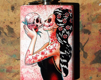 Stainless Steel 8 oz. Hip Flask - Eternity - Lowbrow Tattoo Flash Pretty Pin Up Girl And Sugar Skull Illustration