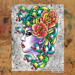 Medusa | Poster | Tapestry | Metal Print | Traditional Tattoo Flash Design Painting Portrait With Snakes and Flowers