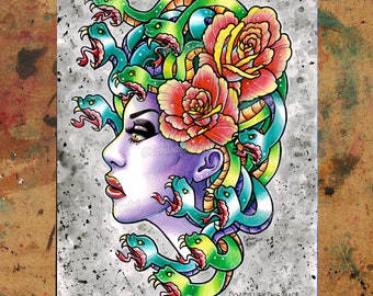 Art Print | Medusa | Traditional Tattoo Flash Design Painting Portrait With Snakes and Flowers | 5x7, 8x10, 10.5x13.8, or 11x17 inch