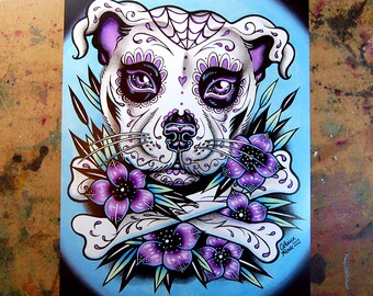 Sugar Skull Pit Bull Tattoo Art Print - 5x7, 8x10, or 10.5x13.8 inches - Colorful Traditional Day of the Dead Tattoo Dog Art | Pink or Blue
