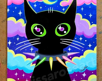ORIGINAL 8x10 in. Gouache Painting | Nocturnal | Black Cat with Pastel Clouds in a Starry Night Sky with Crescent Moon