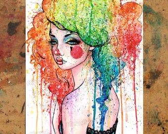 Art Print | Masked | Poster | Colorful Pop Art Rainbow Sad Clown Girl Watercolor Painting | 5x7, 8x10, 10.5x13.8, or 11x17 inch