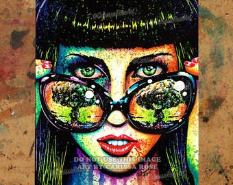 Art Print | Color Bomb | Pop-Art Punk Rock Horror Splatter Paint Girl With Mushroom Clouds in Sunglasses | 5x7, 8x10, 10.5x13.8, or 11x17 in