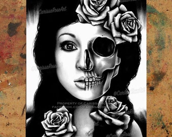 Art Print | In A Trance | Poster | Black and White Half Skull Girl With Roses Pencil Drawing | 5x7, 8x10, 10.5x13.8, 11x17 inch