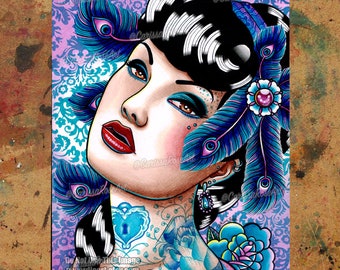 Art Print | Sapphire Night | Rockabilly Tattooed Pin Up Girl With Blue Peacock Feathers and Roses | 5x7, 8x10, 10.5x13.8, or 11x17 inch