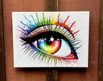 12x16 in Stretched Canvas Print | Eye III | Edgy Alternative Colorful Rainbow Pop Art Splatter Eye Illustration