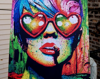 24x30 in Large Stretched Canvas Print - Electric Wasteland - Huge Rainbow Pop Art Punk Rock Heart Glasses Girl Edgy Big Wall Art Decor