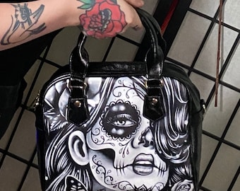 Epiphany by Carissa Rose Faux Leather Hand Bag | Day of the Dead Sugar Skull Girl Tattoo Flash | Handbag With Adjustable Shoulder Strap
