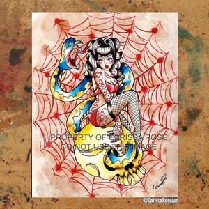 Death Becomes Her | Poster | Metal Print | Traditional Tattoo Art Vintage Style Pin Up Girl With Snake and Skull