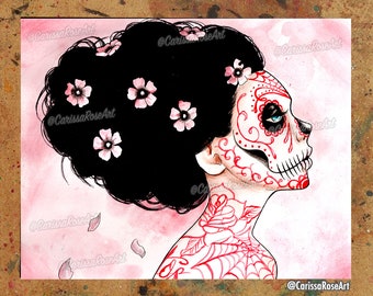 Art Print | You Can Never Tell | Poster Style | Pretty Lowbrow Day of the Dead Girl With Cherry Blossoms | 5x7, 8x10, 10.5x13.8, or 11x17 in