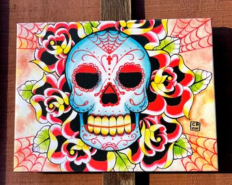 12x16 in Stretched Canvas Print | Sugar Skull Tattoo Flash | Lowbrow Sugar Skull and Roses Tattoo Flash Art Print