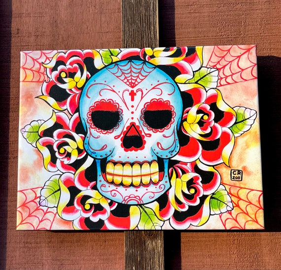 12x16 in Stretched Canvas Print Sugar Skull Tattoo Flash Lowbrow Sugar  Skull and Roses Tattoo Flash Art Print 