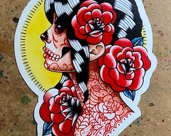 Full Color Sticker or Magnet | Day of the Dead Sugar Skull Tattoo Flash Art Girl With Tattoos and Flowers