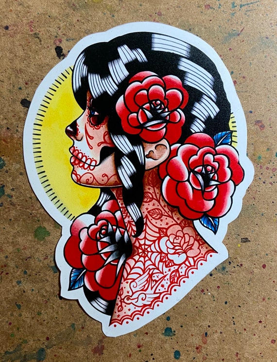 Adesivo a colori o magnete / Day of the Dead Sugar Skull Tattoo Flash Art  Girl con tatuaggi e fiori