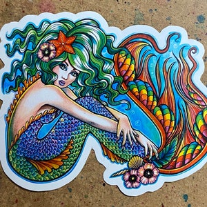 Full Color Sticker or Magnet | "Mermaid" by Carissa Rose | Sticker or Magnet Pretty Colorful Rainbow Mermaid Pin Up Girl Tattoo Artwork