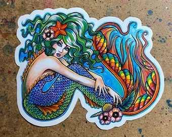 Full Color Sticker or Magnet | "Mermaid" by Carissa Rose | Sticker or Magnet Pretty Colorful Rainbow Mermaid Pin Up Girl Tattoo Artwork