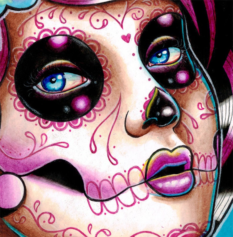 Art Print Benumbed Day of the Dead Sugar Skull Girl With Tattoo Skulls and Roses 5x7, 8x10, 10.5x13.8, or 11x17 in image 2