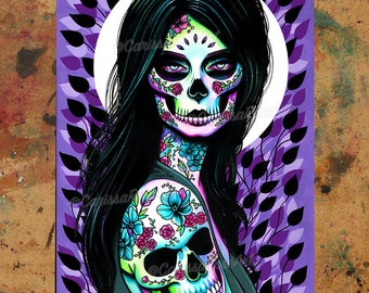 Art Print | Already Dead | Poster | Tapestry | Metal Print | Lowbrow Tattoo Art Skull Girl With Colorful Floral Tattoos and Leaf Pattern