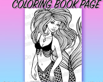 Digital Download Print Your Own Coloring Book Outline Page - Pretty Tattoo Flash Pin Up Mermaid Girl