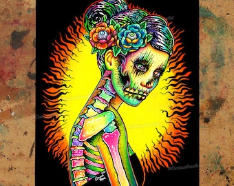 Art Print | Electrocity III | Colorful Rainbow Pop Art Zombie Skeleton Girl Lowbrow Alternative Art Print | 5x7, 8x10, 10.5x13.8, 11x17 inch