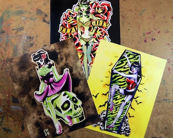 Set of Three Signed Art Prints |  5x7, 8x10, or 10.5x13.8 in | Pin Up Ghouls Set | Zombie Vampire Skeleton Pin Up Girl Tattoo Flash Artwork