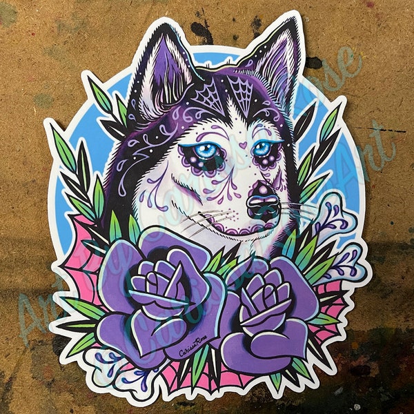 Sugar Skull Husky | Full Color Sticker or Magnet | Day of the Dead Tattoo Flash Dog With Crossbones and Tattoo Flowers