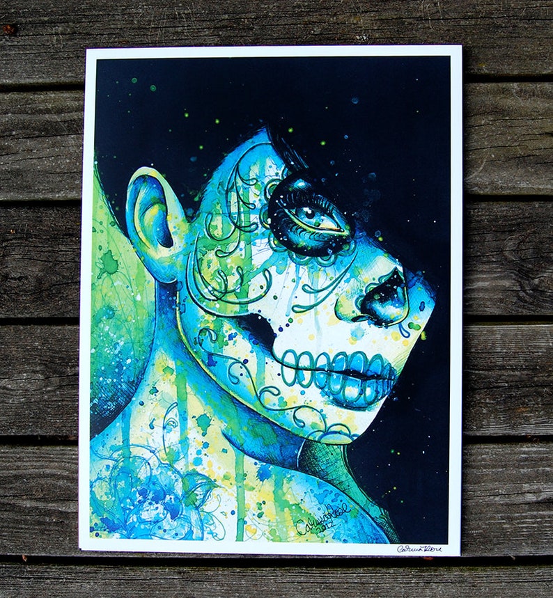 Art Print Do You Remember Colorful Edgy Alternative Tattoo Art Day of the Dead Sugar Skull Girl 5x7, 8x10, 10.5x13.8, or 11x17 inch 18x24 inches